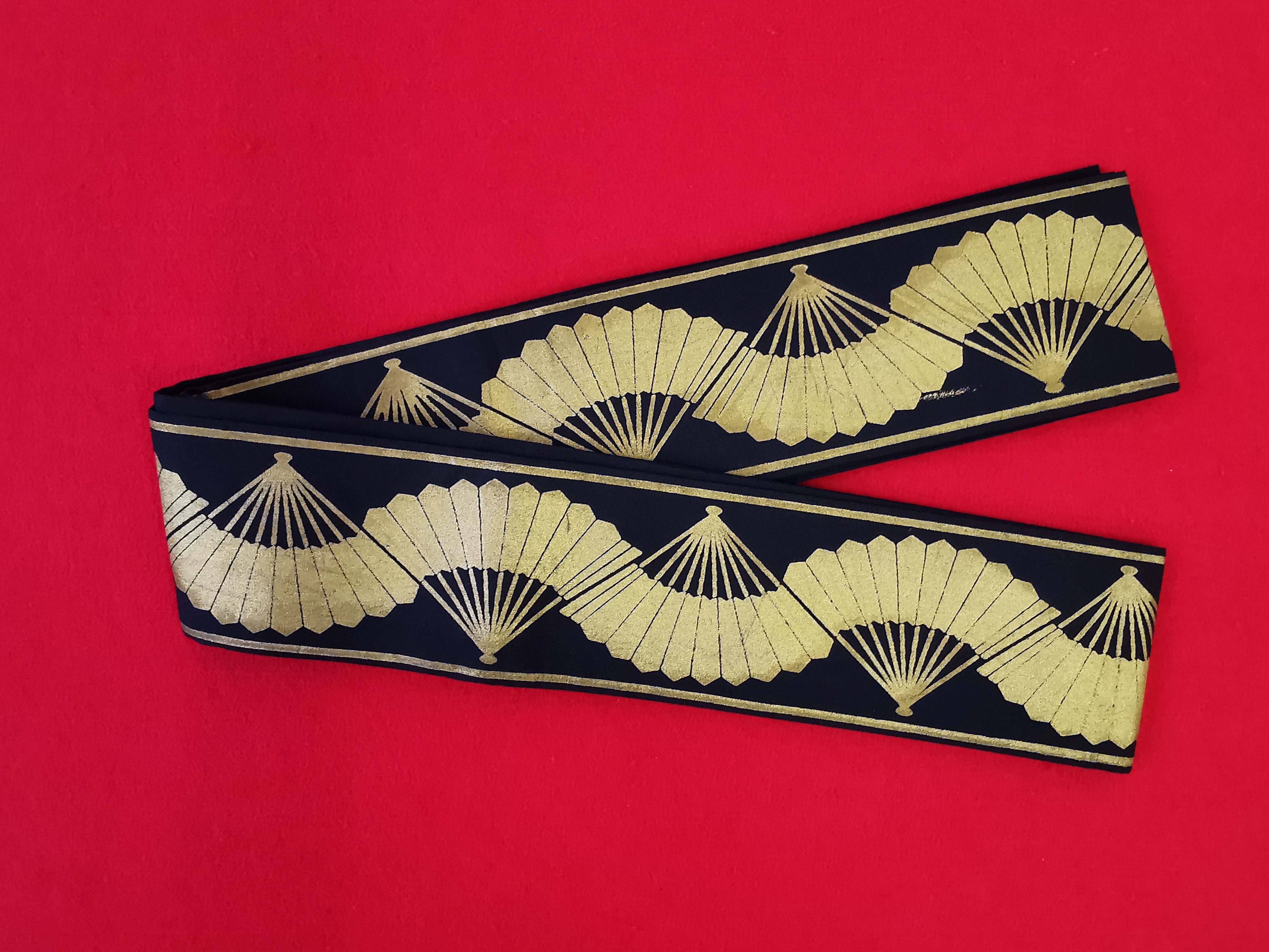 男角帯 男帯 男性帯 メンズ帯 男着物帯 男浴衣帯 中古【 金 扇子】◆tok199