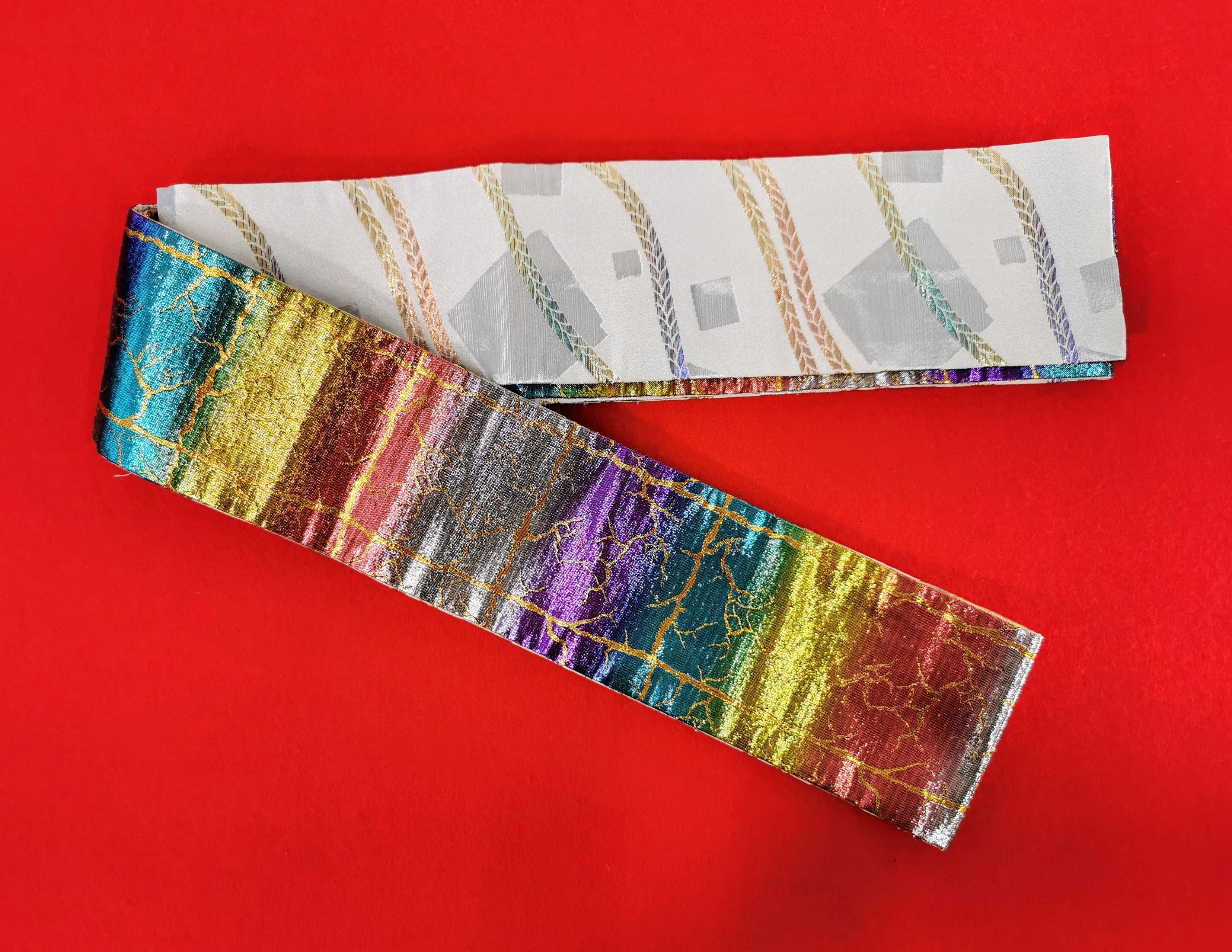 男角帯 リバーシブル 男性帯 メンズ帯 男着物帯 男浴衣帯 中古【 カラフル/光沢】tok197