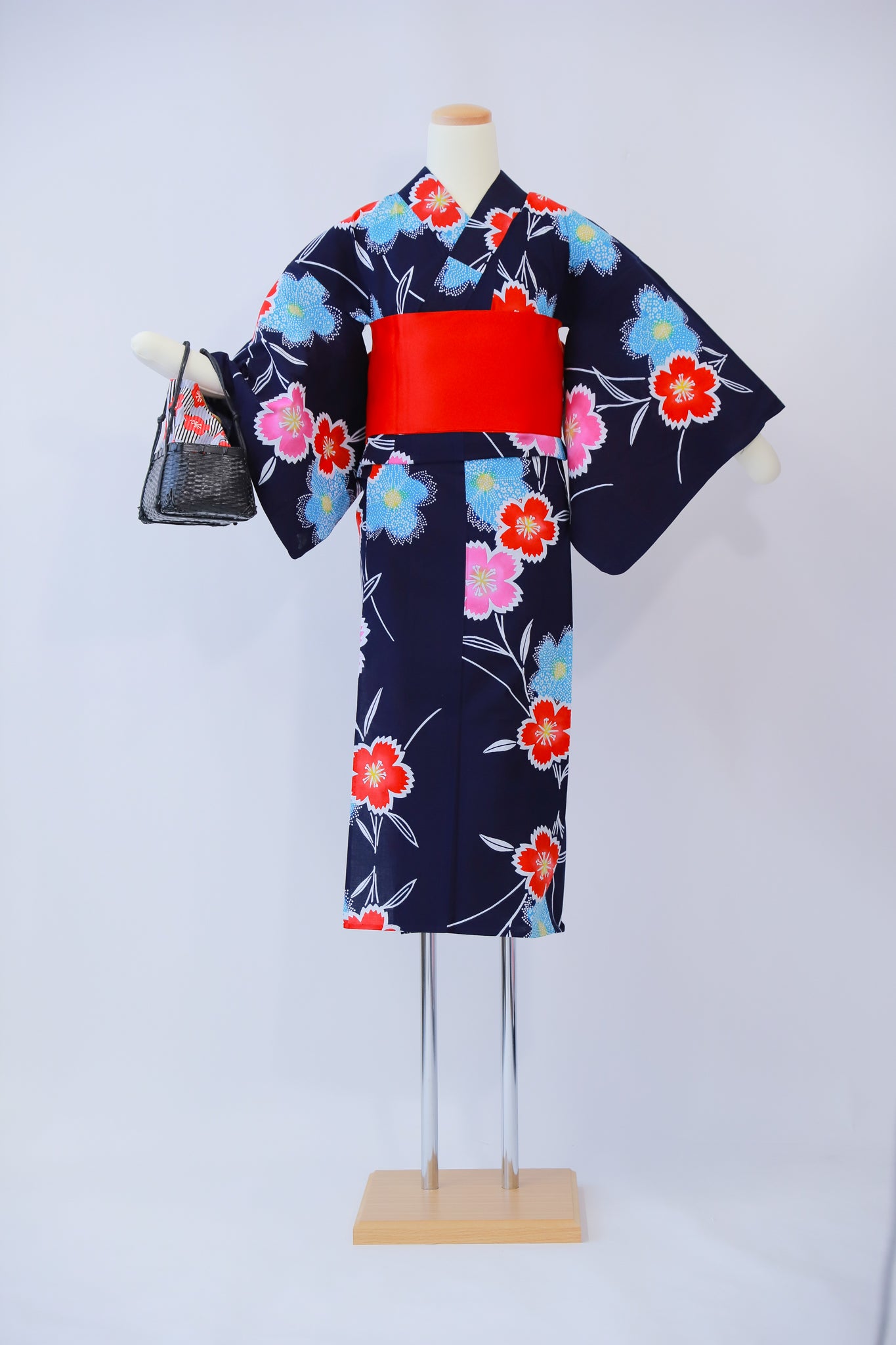 ★セット買い 浴衣+帯+かごバッグ 小柄女性・女児向け リユース◆twy557