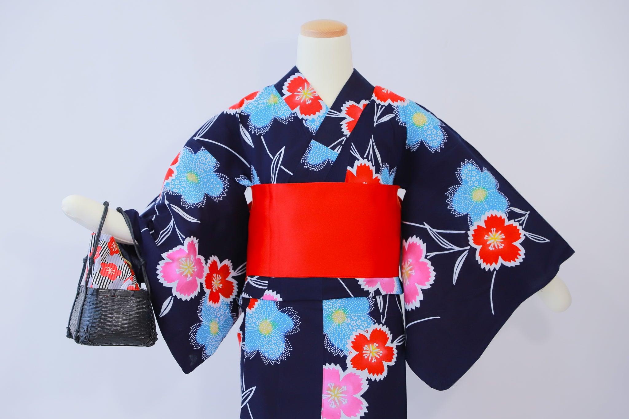 ★セット買い 浴衣+帯+かごバッグ 小柄女性・女児向け リユース◆twy557