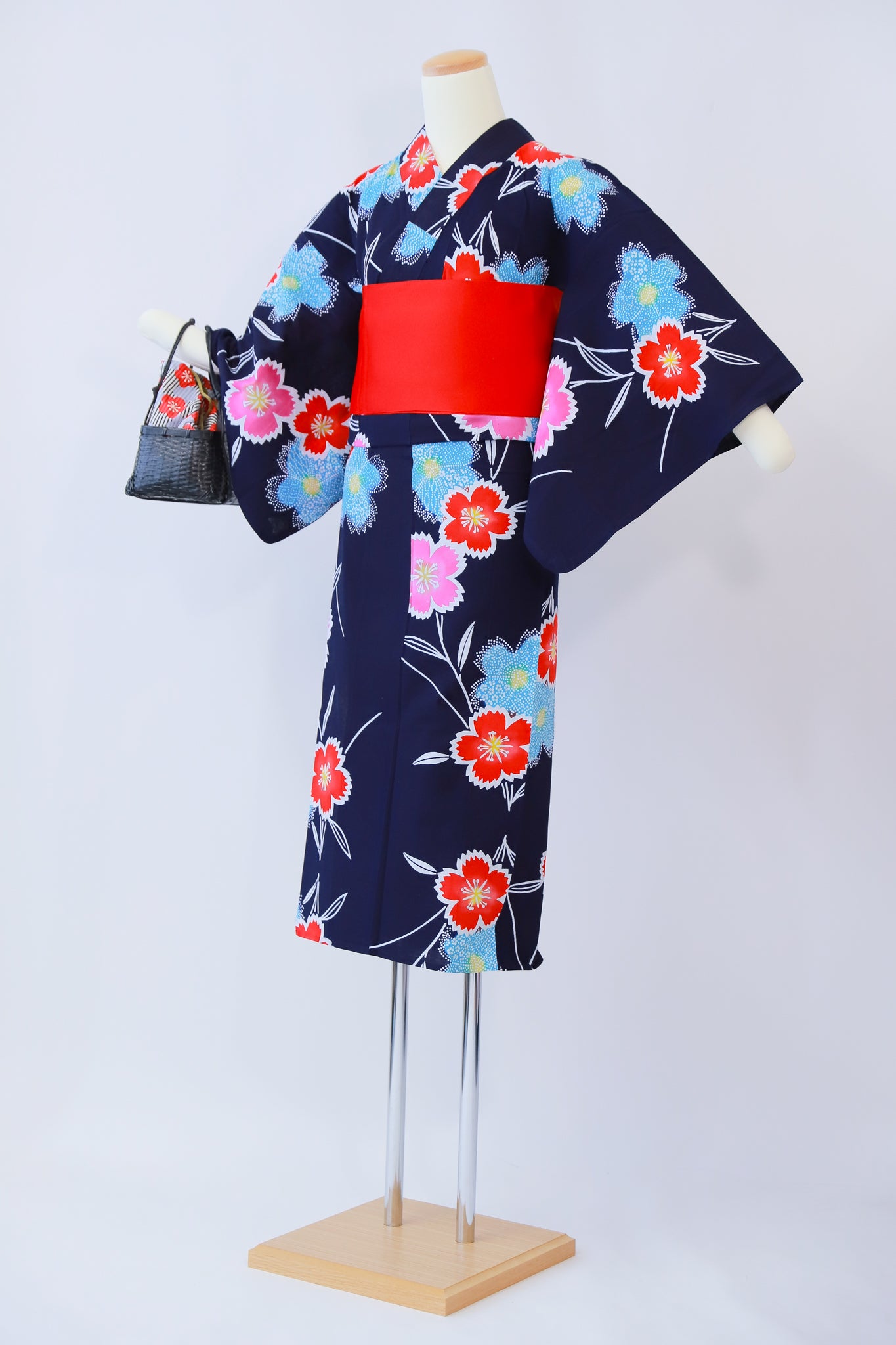 ★セット買い 浴衣+帯+かごバッグ 小柄女性・女児向け リユース◆twy557