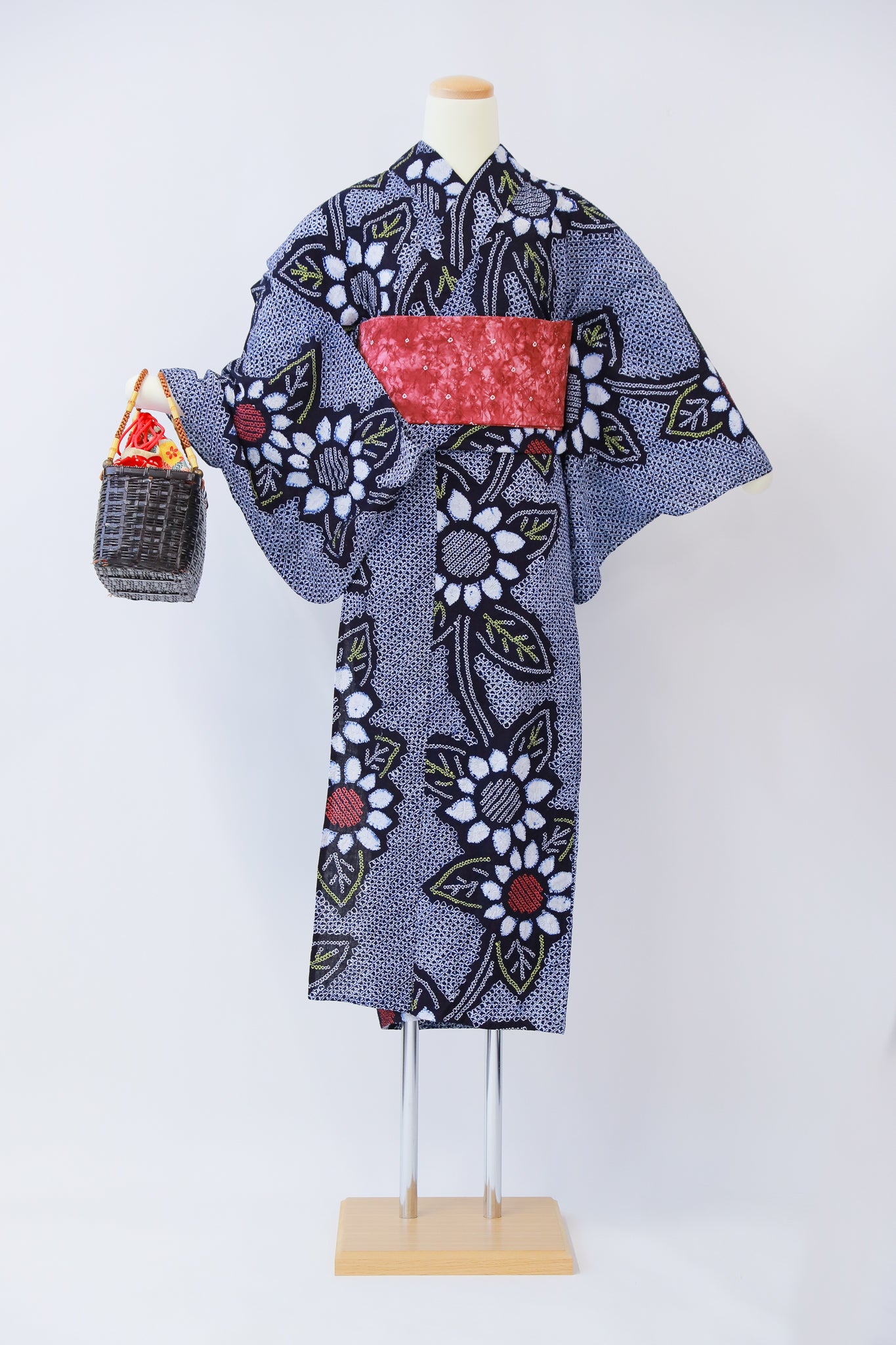 ★セット買い 浴衣+帯+かごバッグ リユース◆twys558