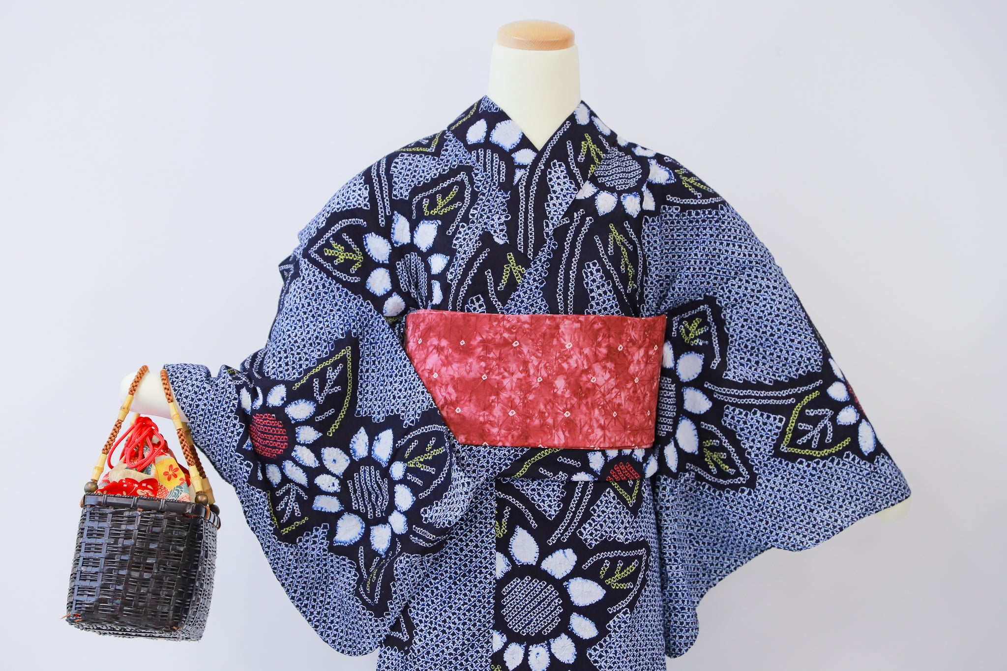 ★セット買い 浴衣+帯+かごバッグ リユース◆twys558