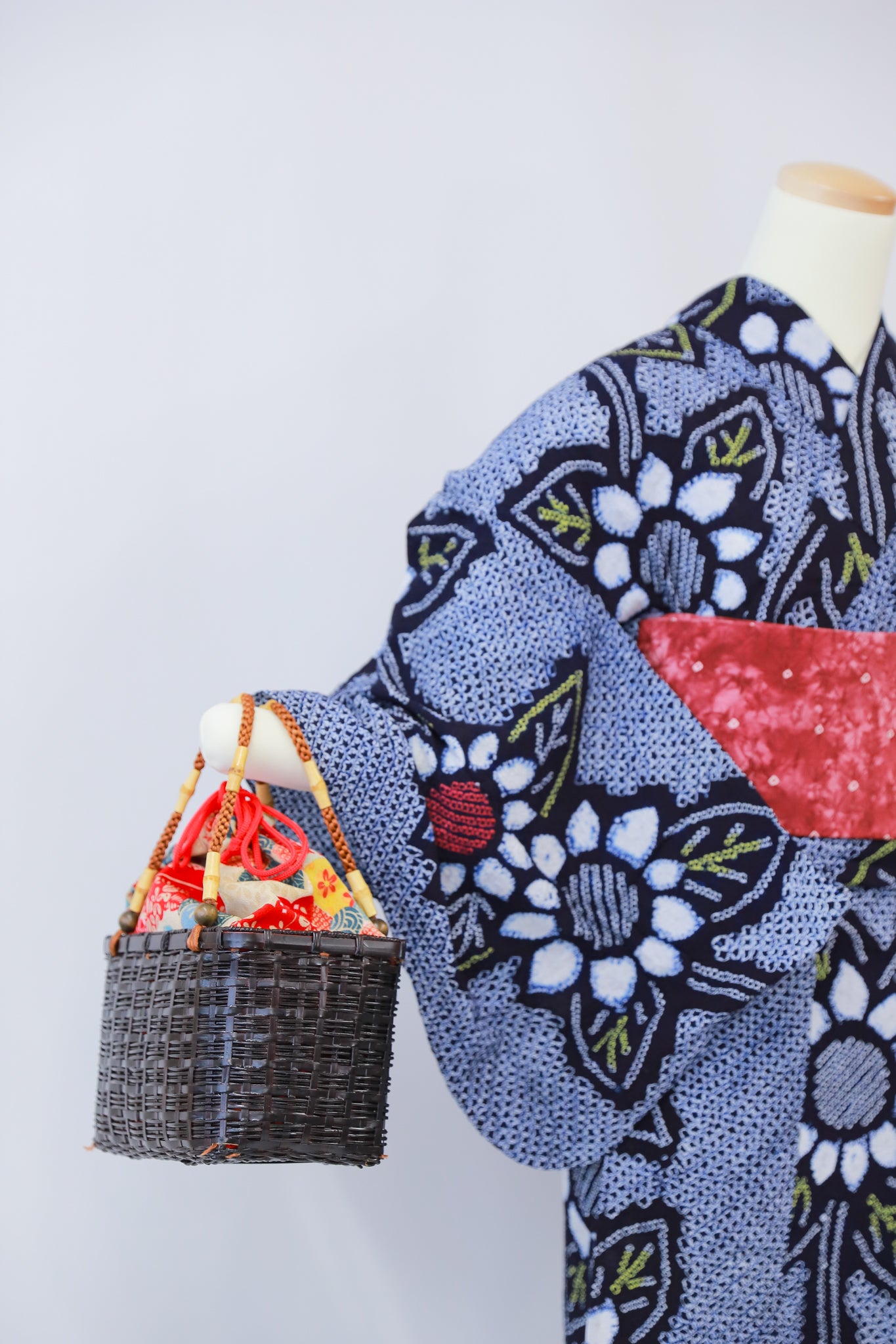 ★セット買い 浴衣+帯+かごバッグ リユース◆twys558
