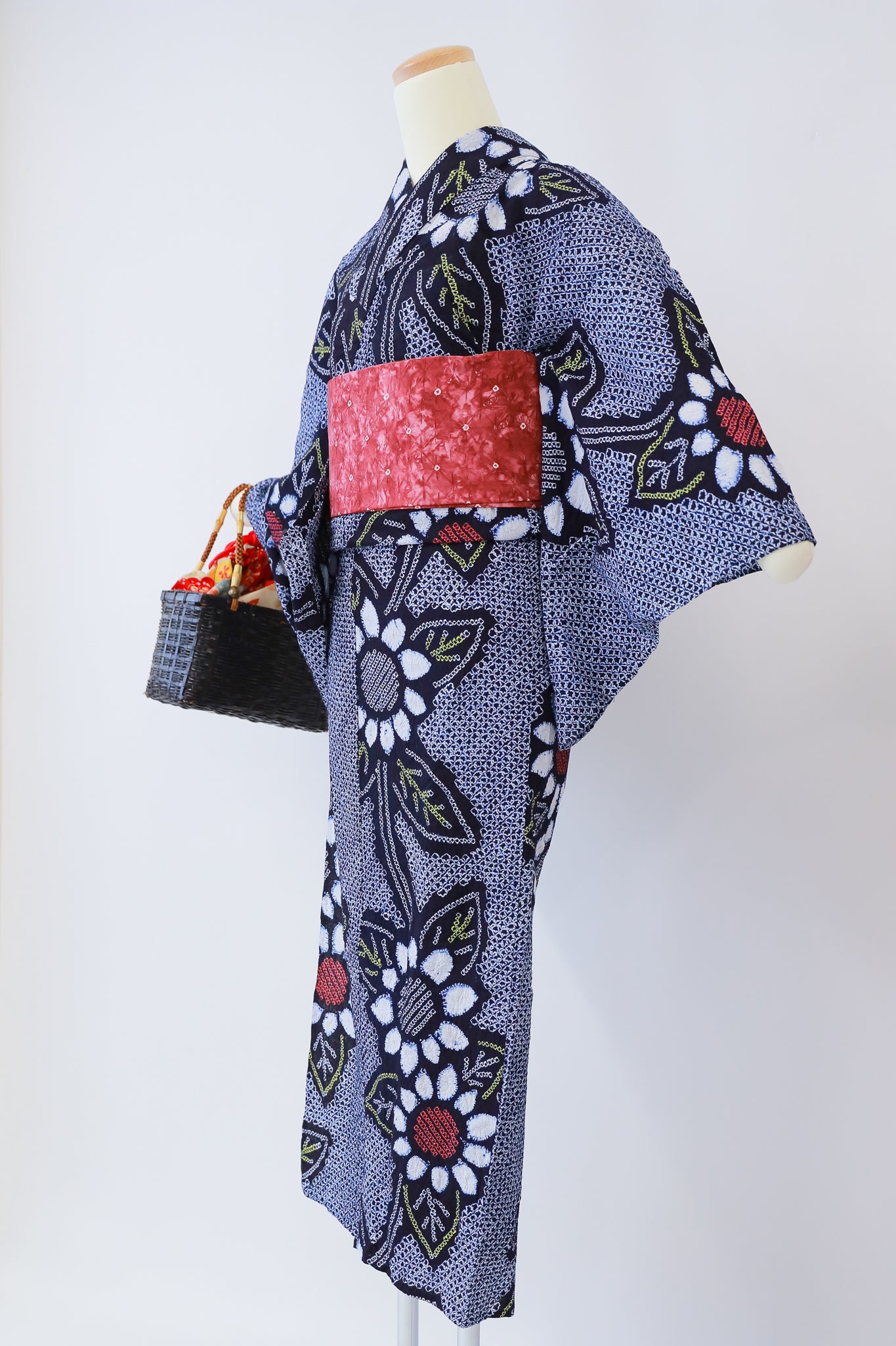 ★セット買い 浴衣+帯+かごバッグ リユース◆twys558