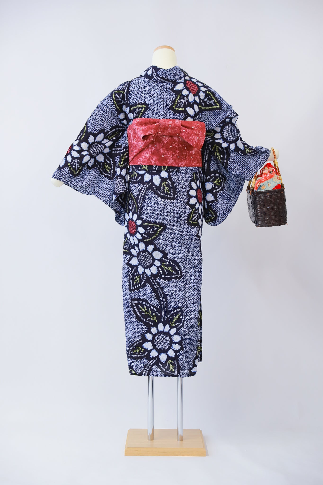 ★セット買い 浴衣+帯+かごバッグ リユース◆twys558