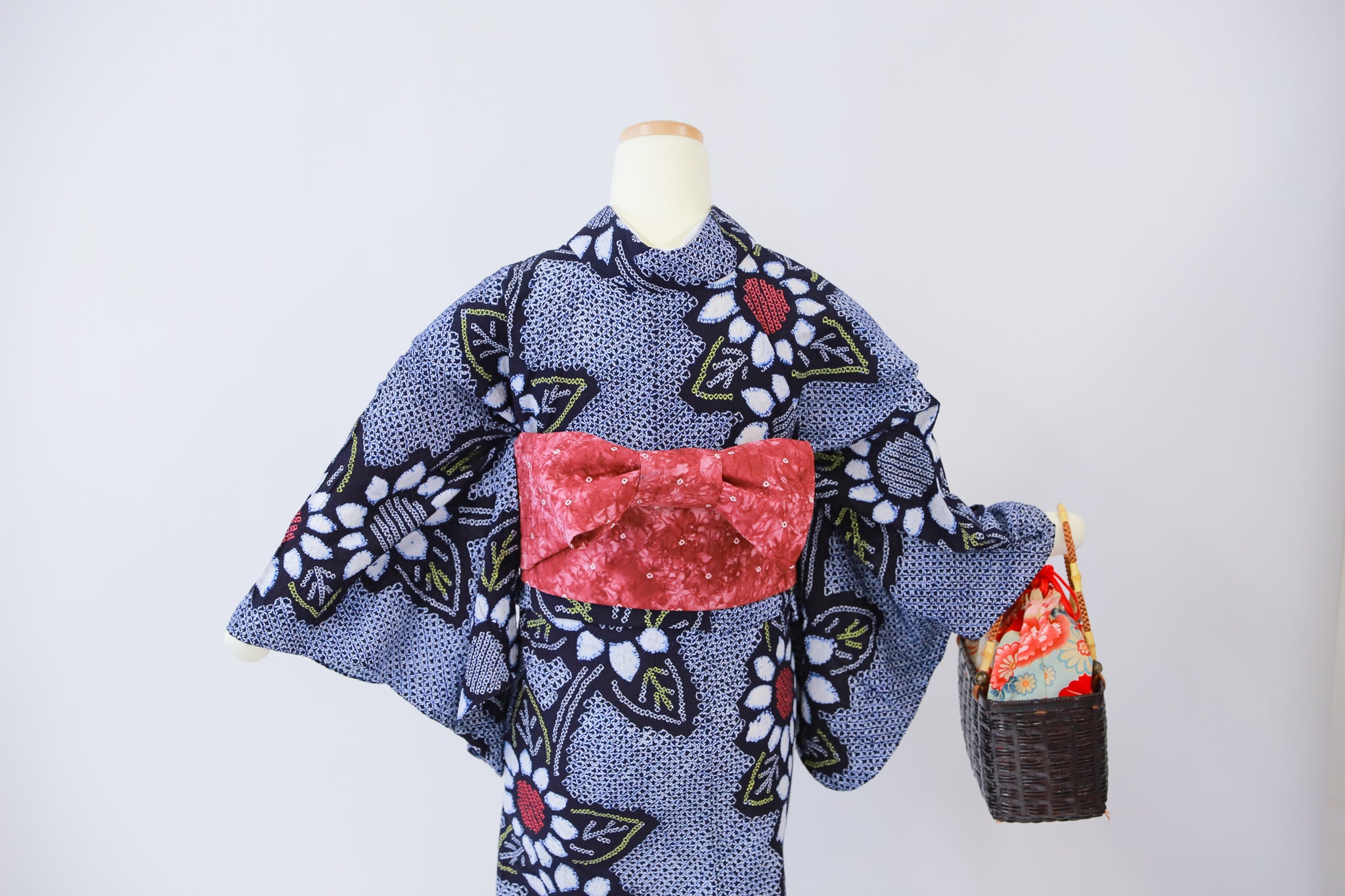 ★セット買い 浴衣+帯+かごバッグ リユース◆twys558