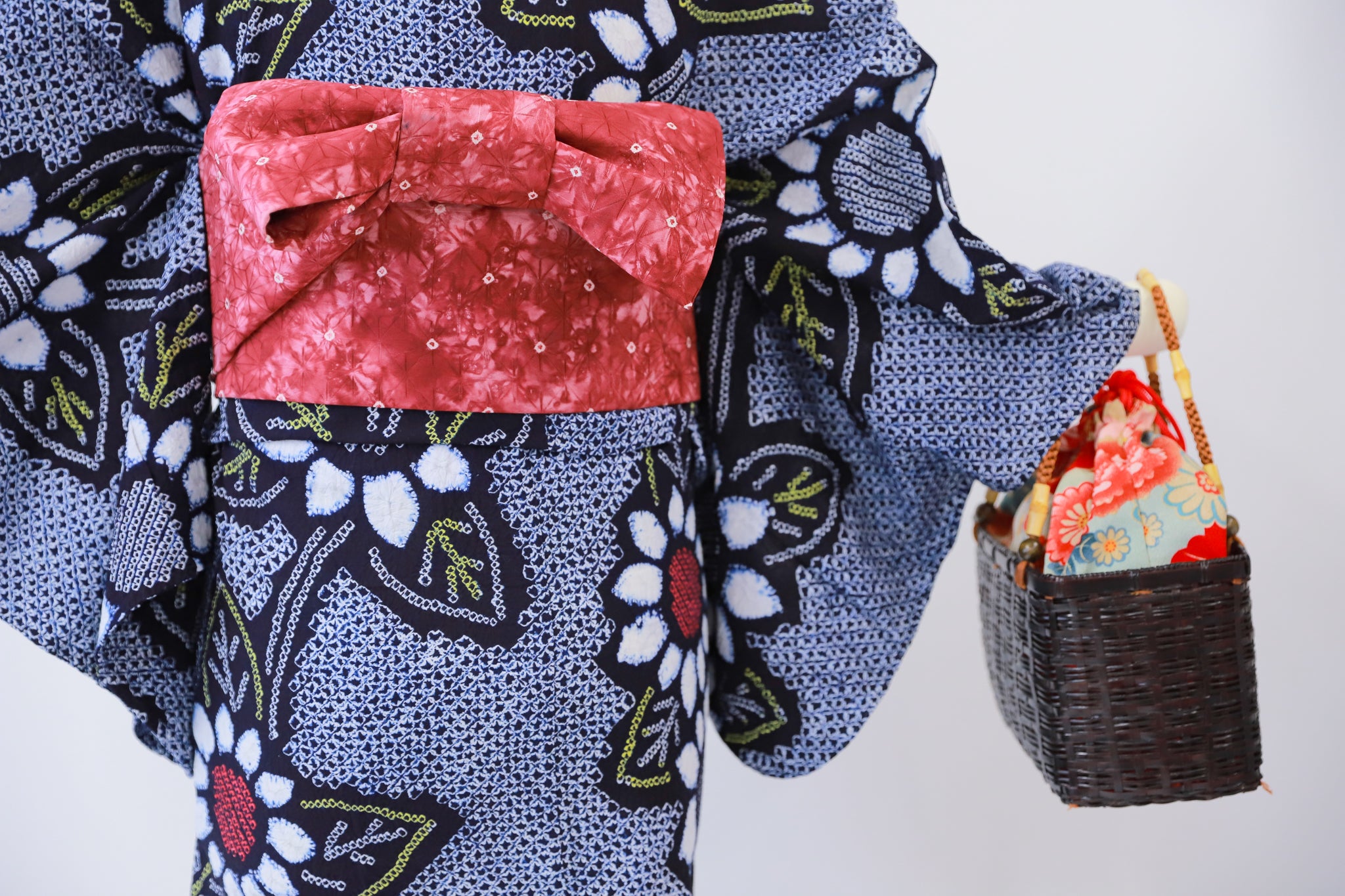 ★セット買い 浴衣+帯+かごバッグ リユース◆twys558