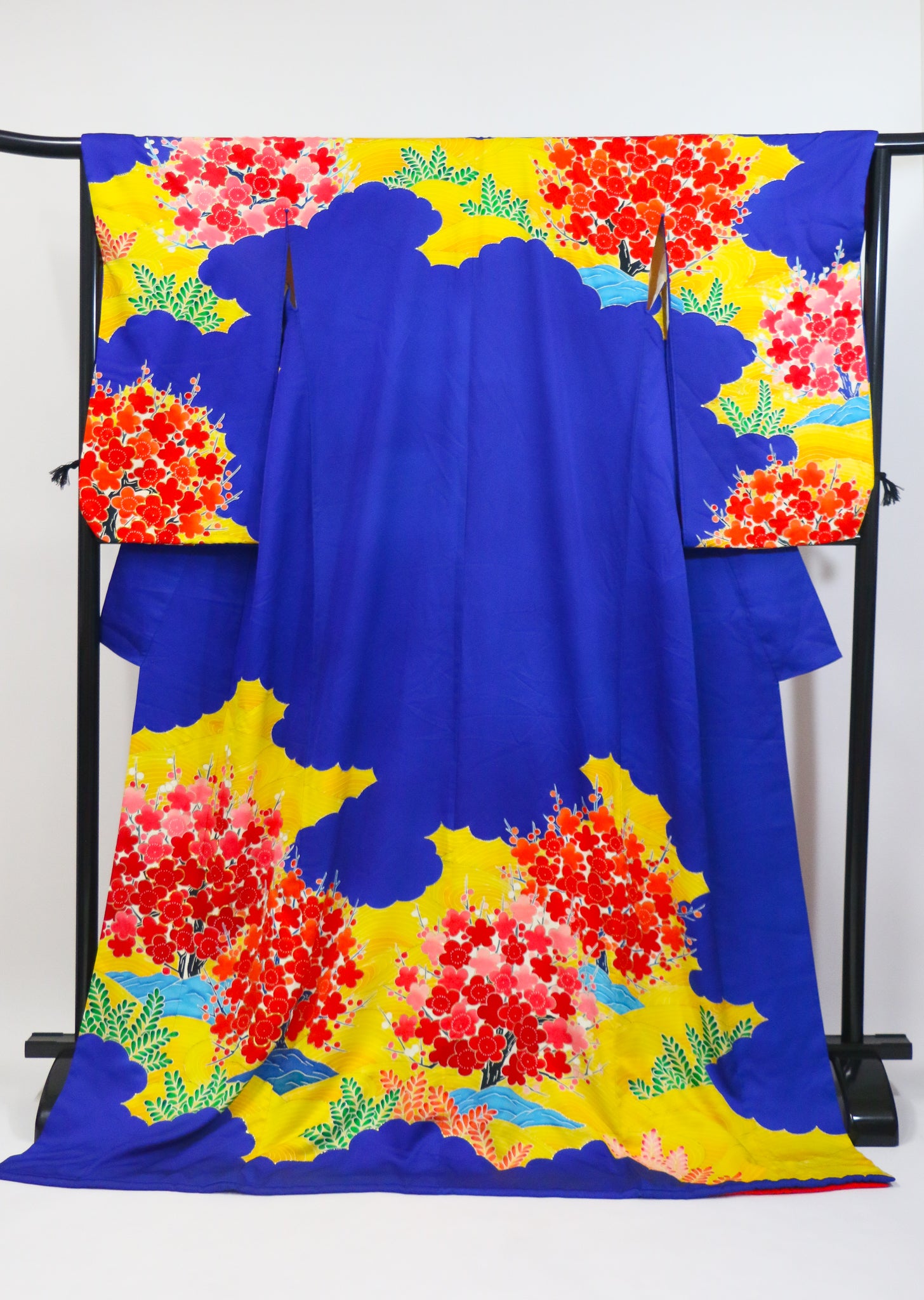 Vibrant Floral Furisode Kimono – Blue × Yellow × Red◆twf719