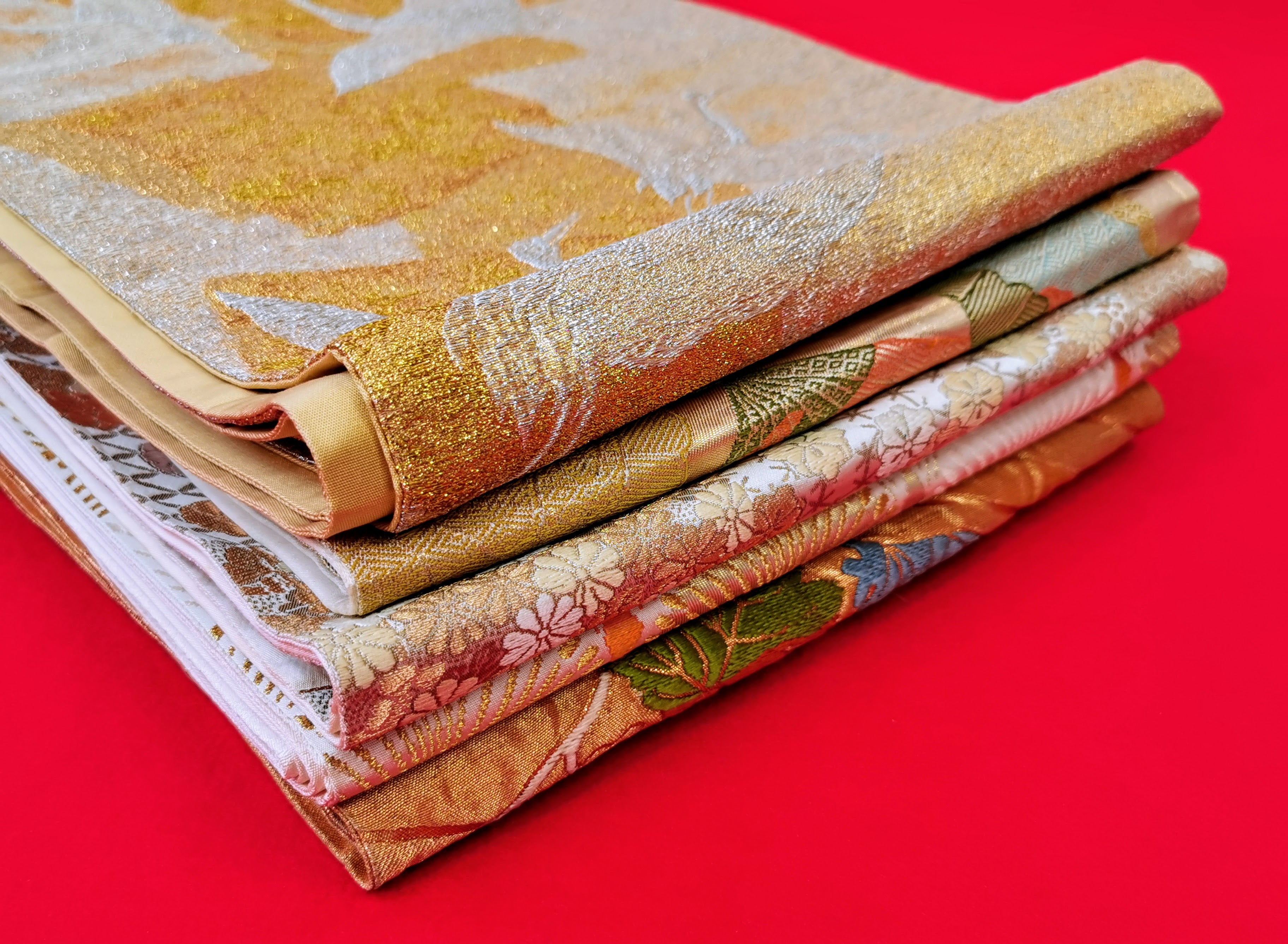 袋帯 5枚まとめ売り ゴールド系 女性 中古品 和装 和装小物 リメイク 古布リメイク ハギレ 帯 和柄 和装帯◆toh191