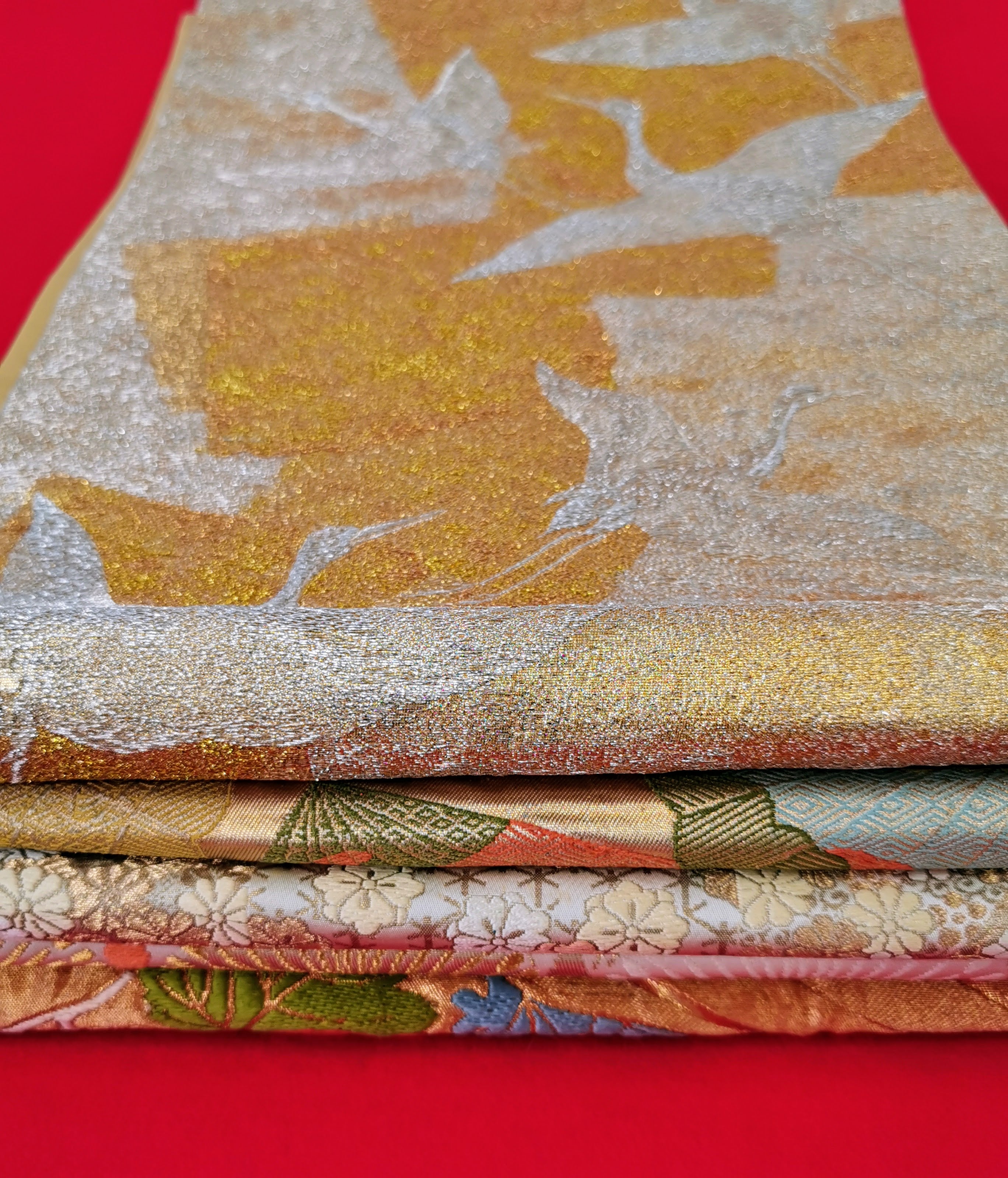 袋帯 5枚まとめ売り ゴールド系 女性 中古品 和装 和装小物 リメイク 古布リメイク ハギレ 帯 和柄 和装帯◆toh191