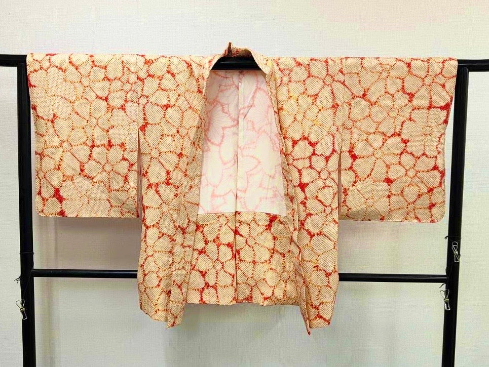 ◇KWH023 羽織 袷羽織 総絞り 花柄 Haori オレンジ 古着 レトロ 和服