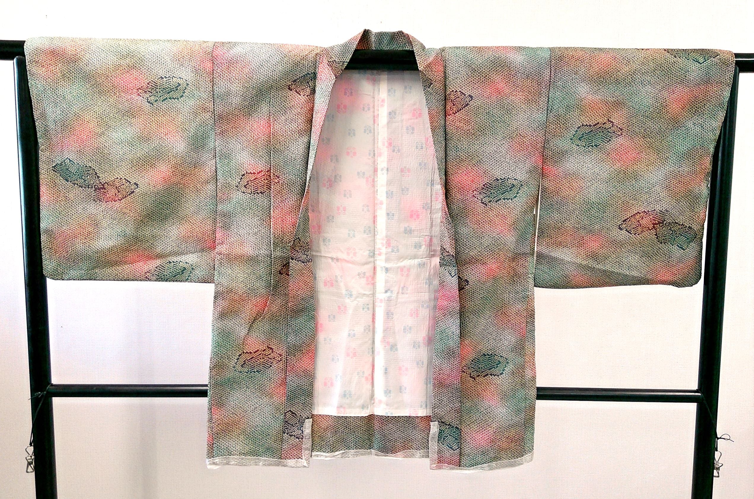 ◇KWH002 羽織 袷羽織 Haori 総絞り 緑 青  古着 レトロ 和服