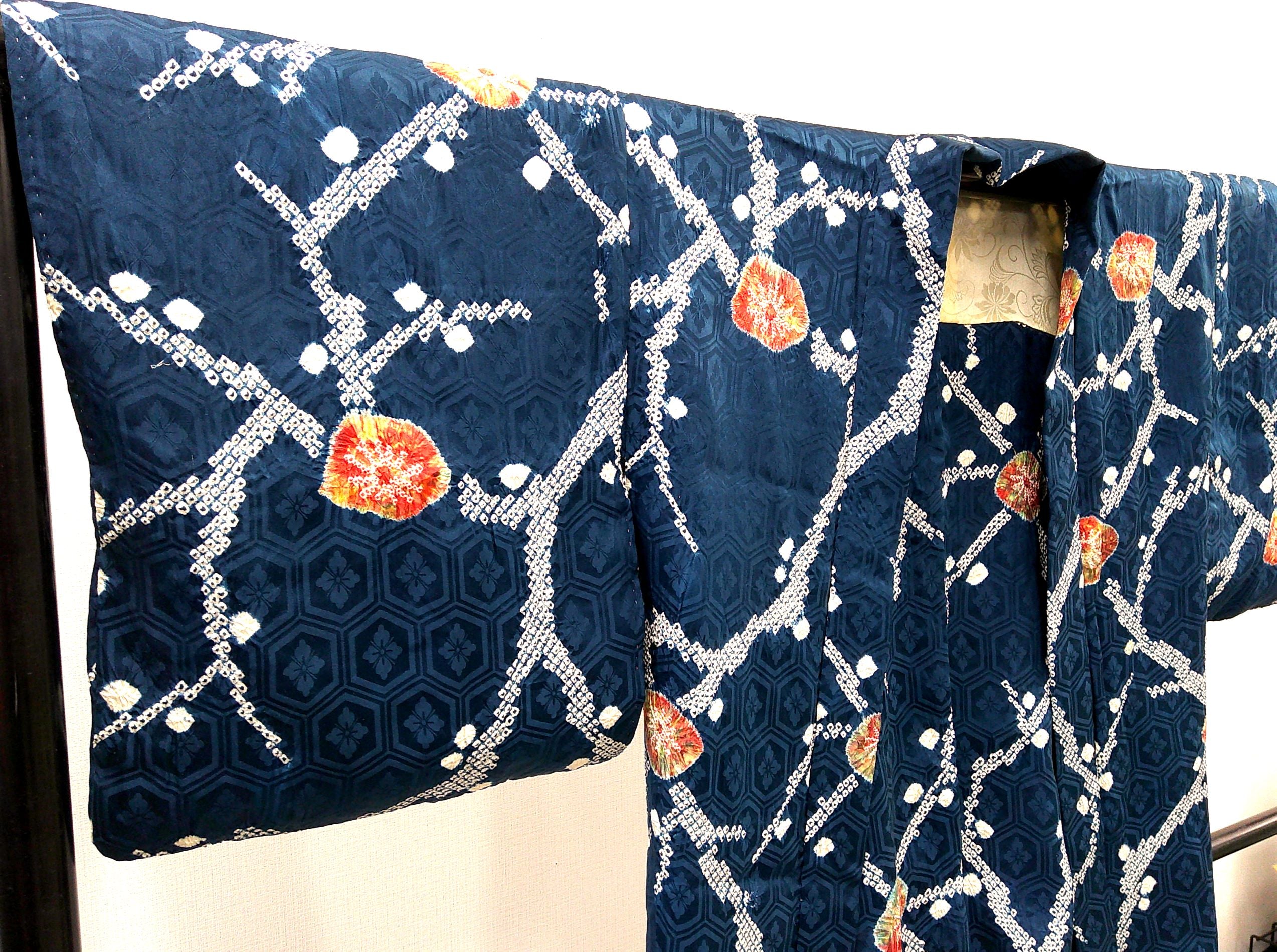 ◇KWH003 羽織 Haori 青 朝顔 古着 レトロ 和服
