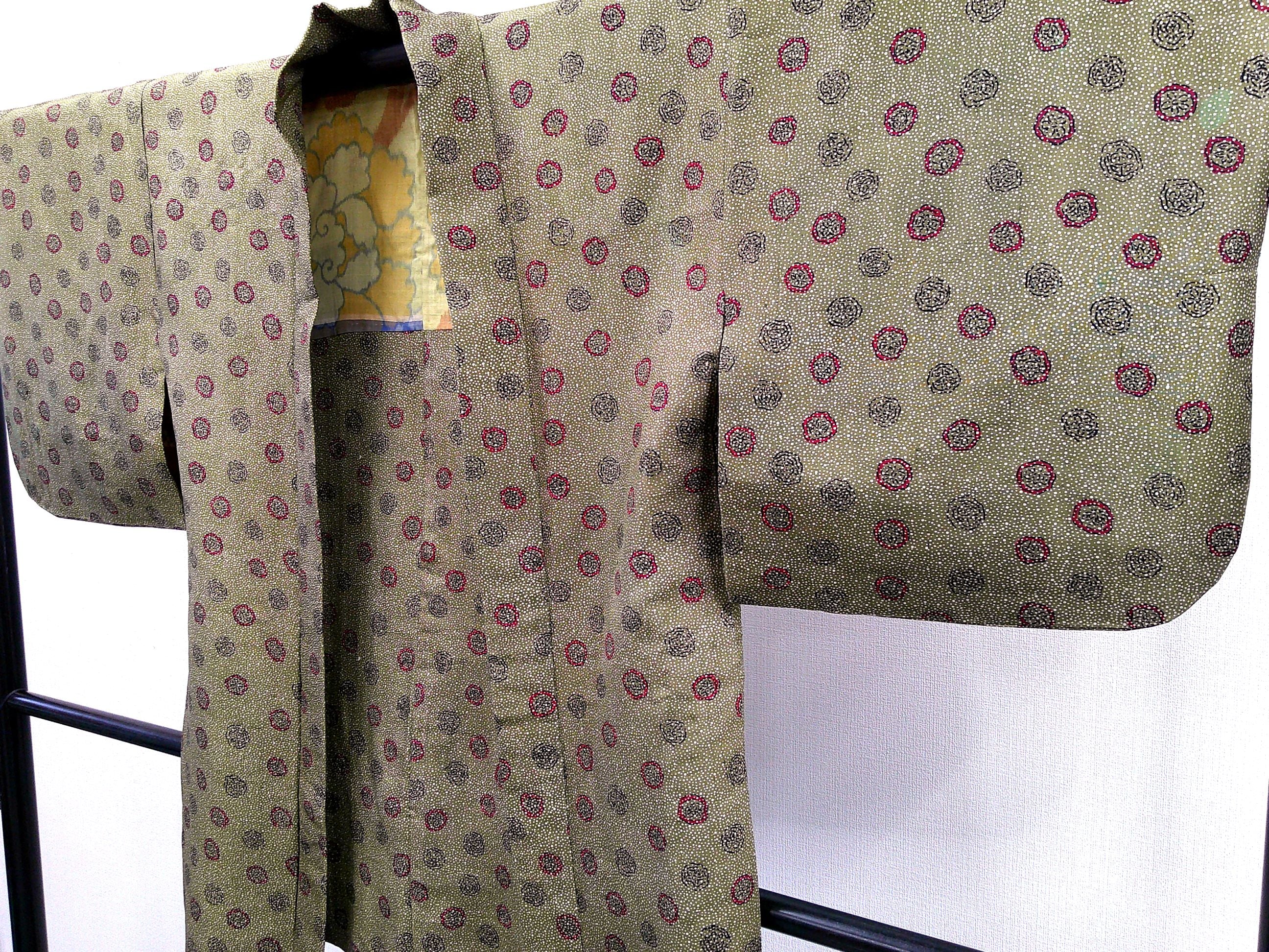◇KWH010 羽織 紐付き Haori 黄緑 古着 レトロ 和服