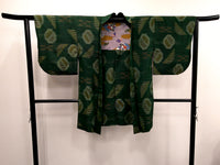 ◇KWH012 羽織 紐付き Haori 緑 古着 レトロ 和服