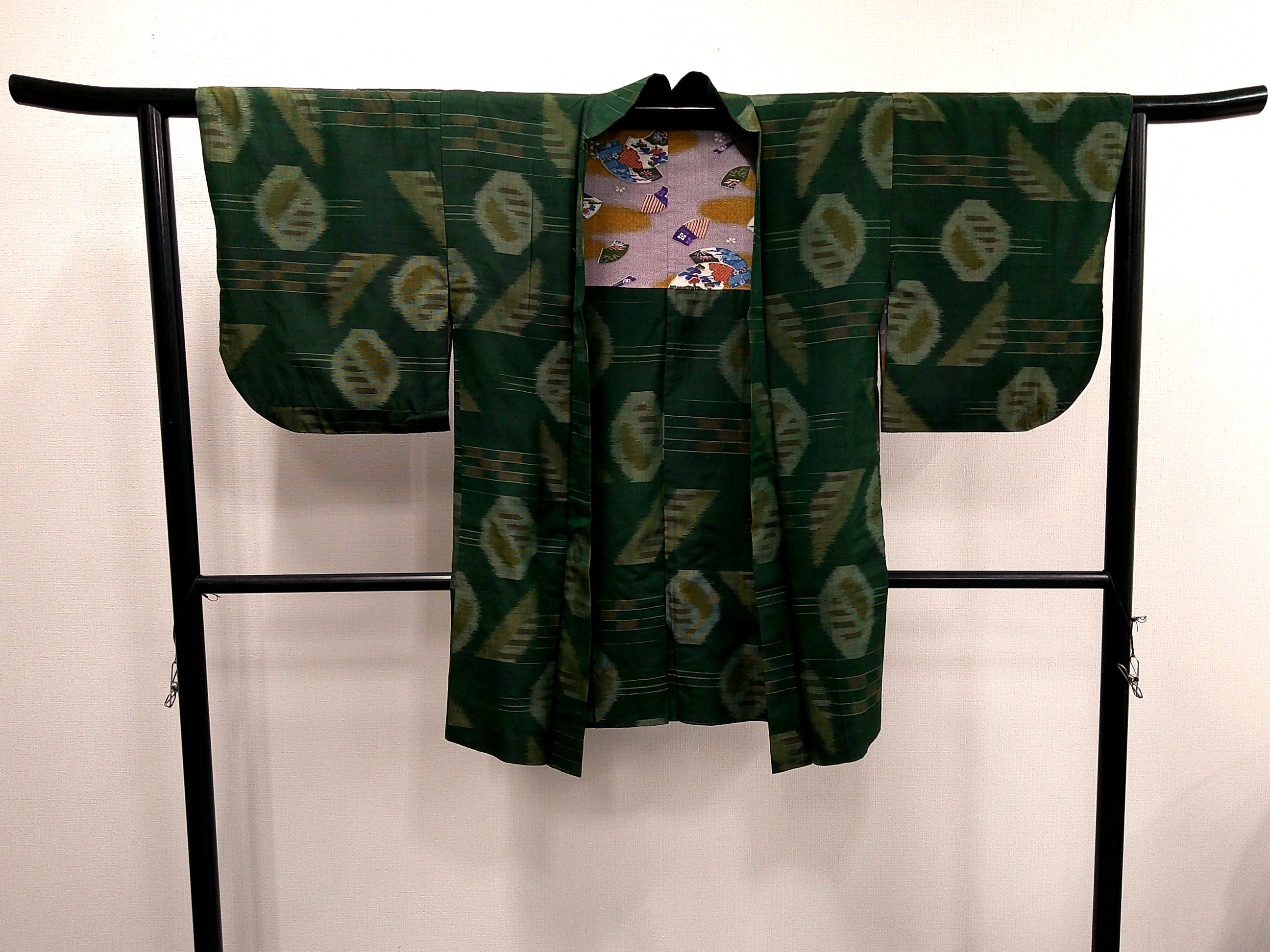 ◇KWH012 羽織 紐付き Haori 緑 古着 レトロ 和服