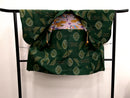 ◇KWH012 羽織 紐付き Haori 緑 古着 レトロ 和服