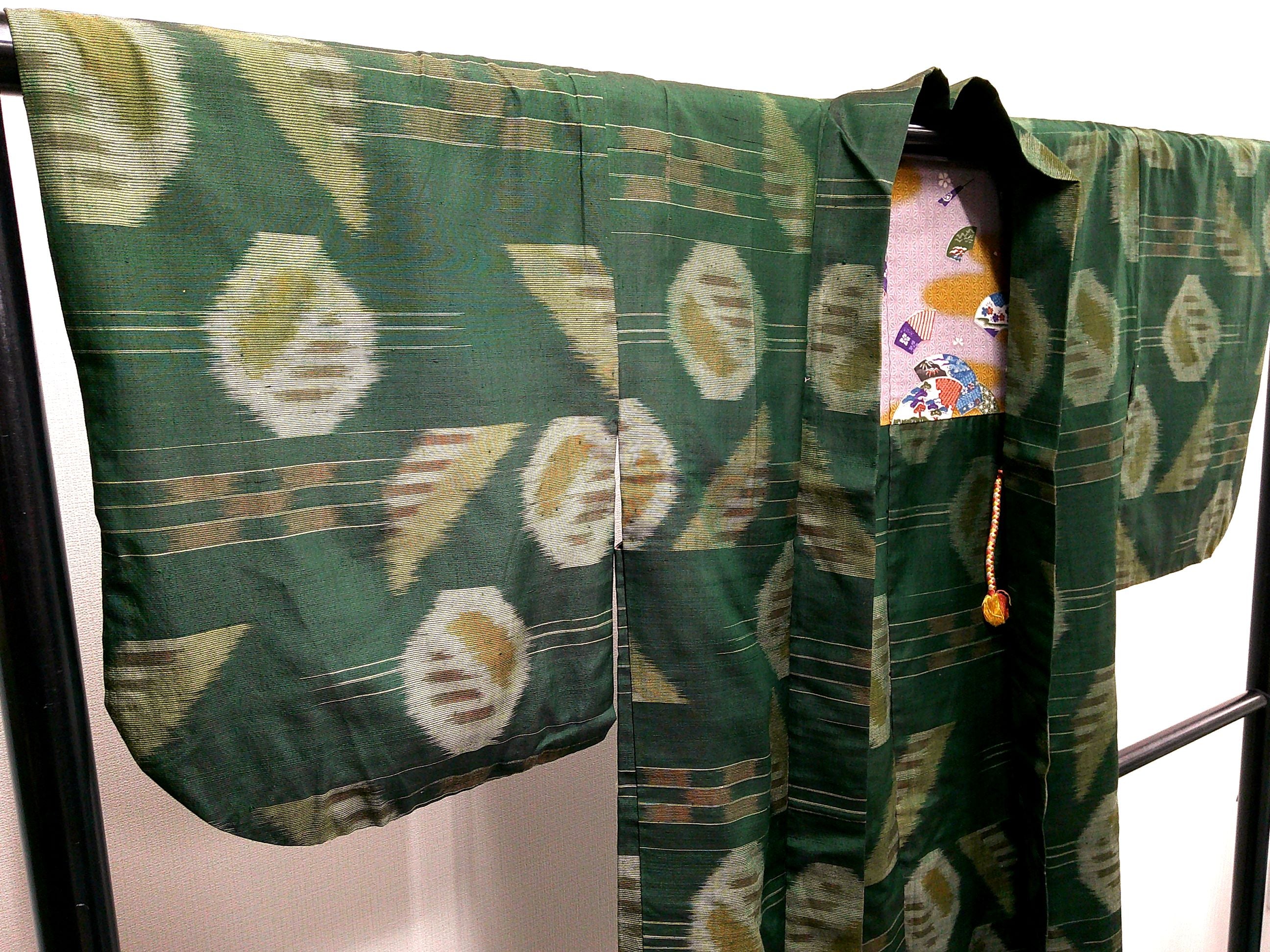 ◇KWH012 羽織 紐付き Haori 緑 古着 レトロ 和服