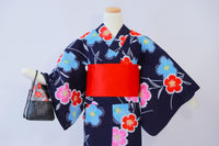 Set Purchase: Yukata + Obi + Basket Bag for Petite Women and Girls - Reuse ◆twy557