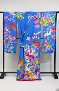 Vibrant Blue Hikifurisode Kimono – Colorful Flowers & Birds / 青地 極彩色 花鳥文 引き振袖◆twff716