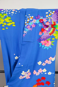 Vibrant Blue Hikifurisode Kimono – Colorful Flowers & Birds / 青地 極彩色 花鳥文 引き振袖◆twff716