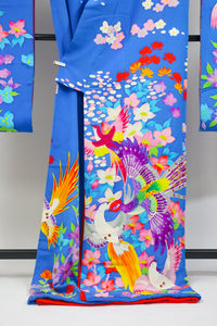 Vibrant Blue Hikifurisode Kimono – Colorful Flowers & Birds / 青地 極彩色 花鳥文 引き振袖◆twff716