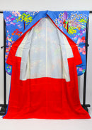 Vibrant Blue Hikifurisode Kimono – Colorful Flowers & Birds / 青地 極彩色 花鳥文 引き振袖◆twff716