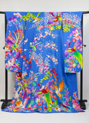 Vibrant Blue Hikifurisode Kimono – Colorful Flowers & Birds / 青地 極彩色 花鳥文 引き振袖◆twff716