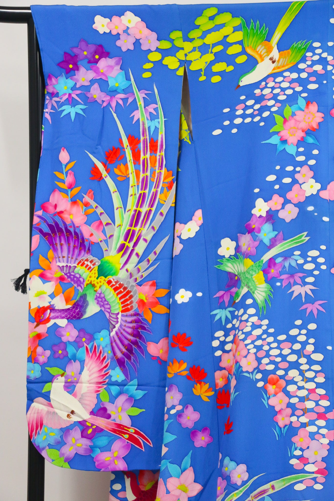 Vibrant Blue Hikifurisode Kimono – Colorful Flowers & Birds / 青地 極彩色 花鳥文 引き振袖◆twff716