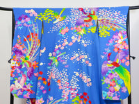 Vibrant Blue Hikifurisode Kimono – Colorful Flowers & Birds / 青地 極彩色 花鳥文 引き振袖◆twff716