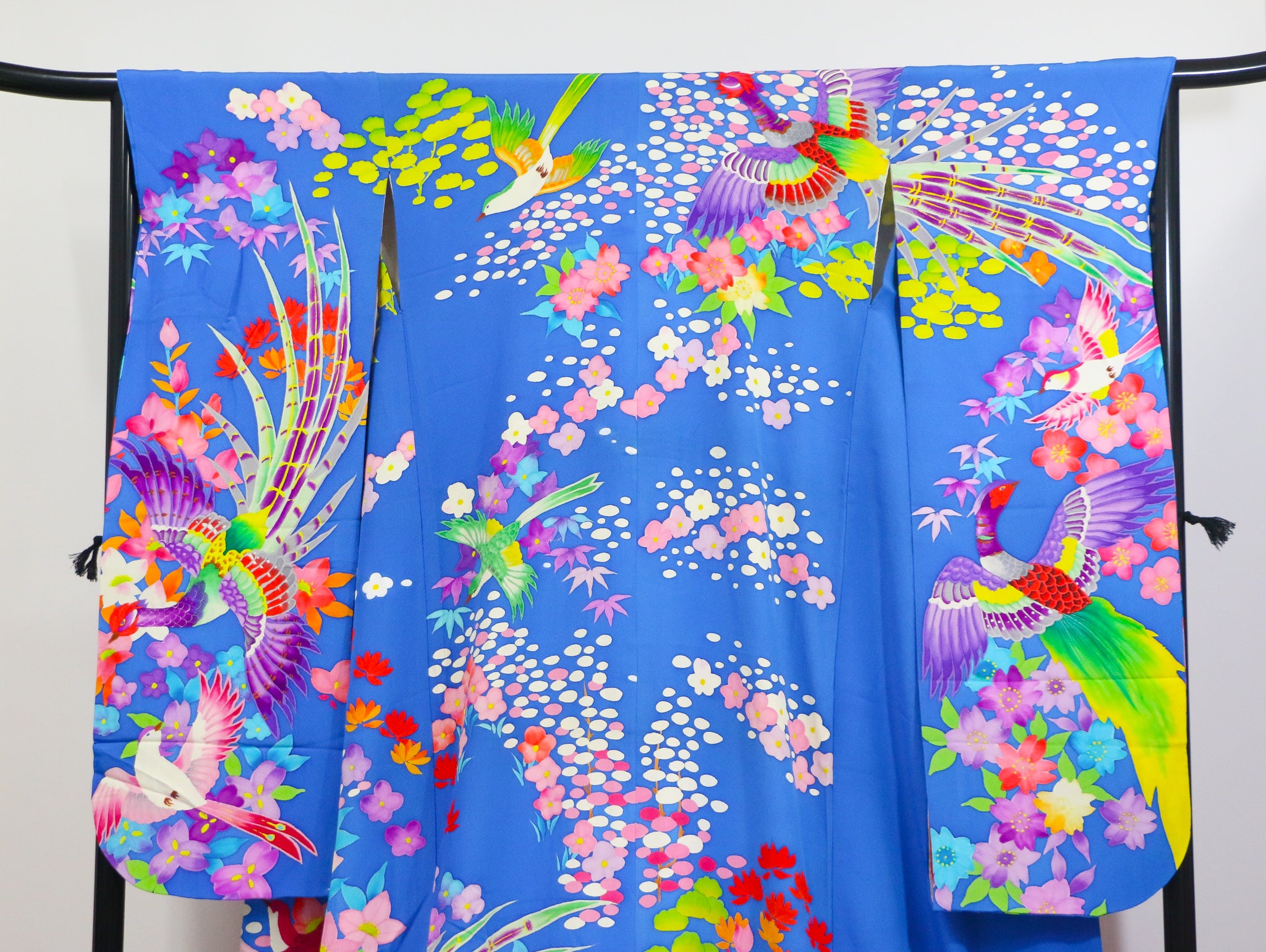 Vibrant Blue Hikifurisode Kimono – Colorful Flowers & Birds / 青地 極彩色 花鳥文 引き振袖◆twff716