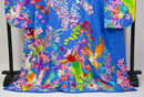 Vibrant Blue Hikifurisode Kimono – Colorful Flowers & Birds / 青地 極彩色 花鳥文 引き振袖◆twff716