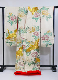 Bridal Uchikake – Gold Cranes & Peony Pattern / 白打掛 金鶴×牡丹  Traditional Japanese Wedding Kimono / 花嫁衣裳 打掛◆twu717
