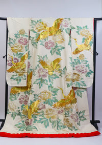 Bridal Uchikake – Gold Cranes & Peony Pattern / 白打掛 金鶴×牡丹  Traditional Japanese Wedding Kimono / 花嫁衣裳 打掛◆twu717