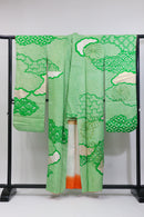 Vintage Green Furisode Kimono 緑×絞り風・金彩入り振袖◆twf724