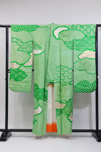 Vintage Green Furisode Kimono 緑×絞り風・金彩入り振袖◆twf724