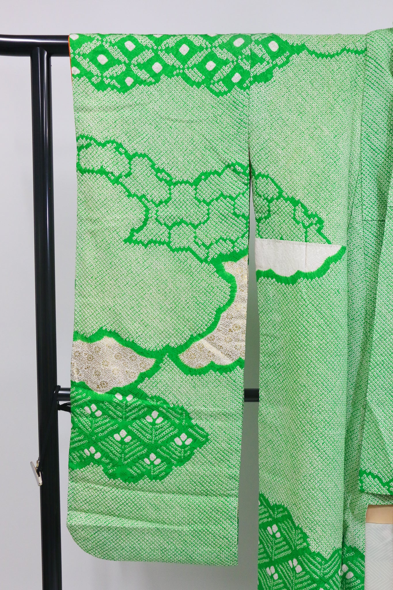 Vintage Green Furisode Kimono 緑×絞り風・金彩入り振袖◆twf724