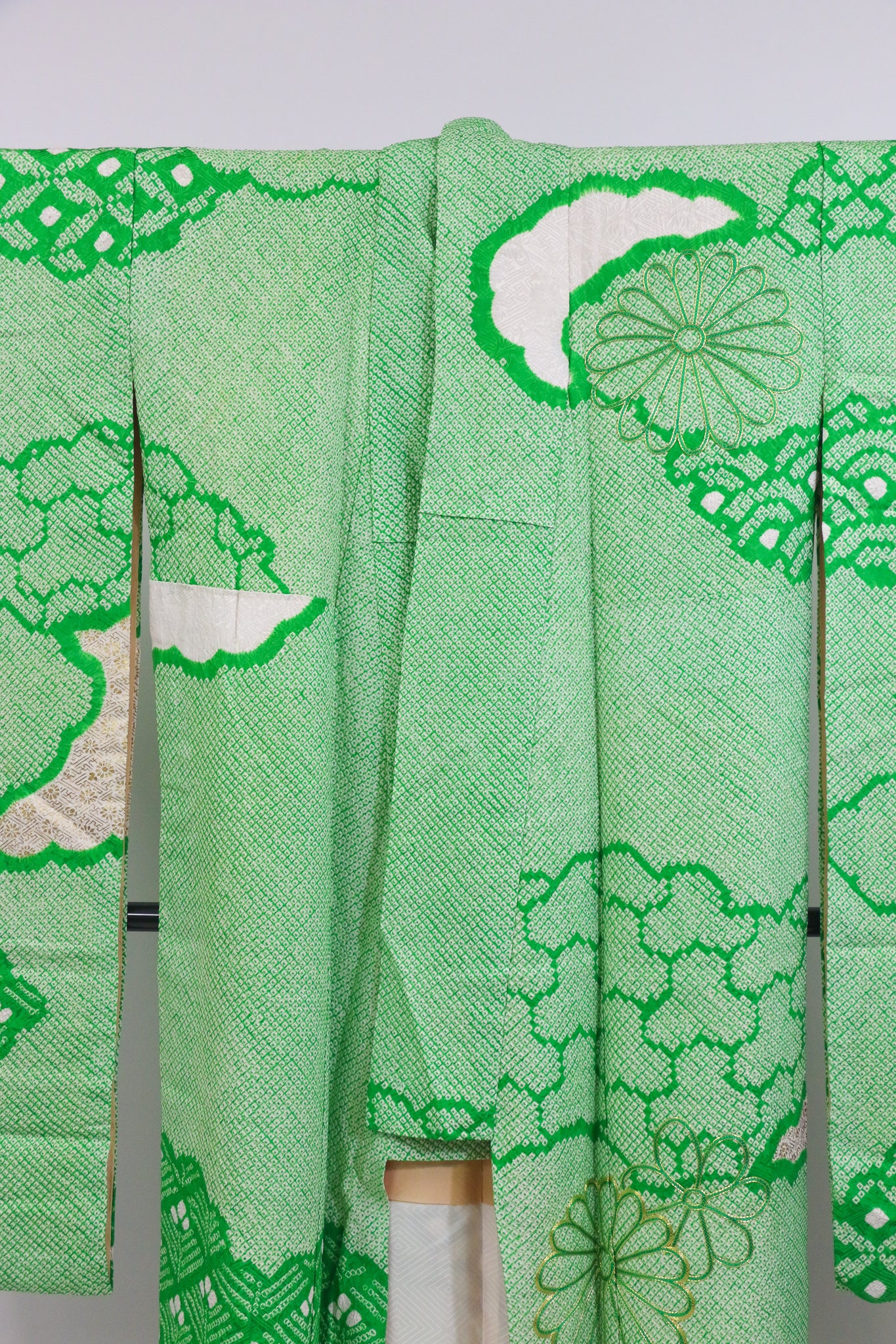 Vintage Green Furisode Kimono 緑×絞り風・金彩入り振袖◆twf724