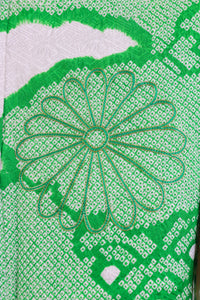 Vintage Green Furisode Kimono 緑×絞り風・金彩入り振袖◆twf724