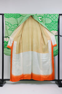 Vintage Green Furisode Kimono 緑×絞り風・金彩入り振袖◆twf724