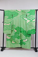 Vintage Green Furisode Kimono 緑×絞り風・金彩入り振袖◆twf724