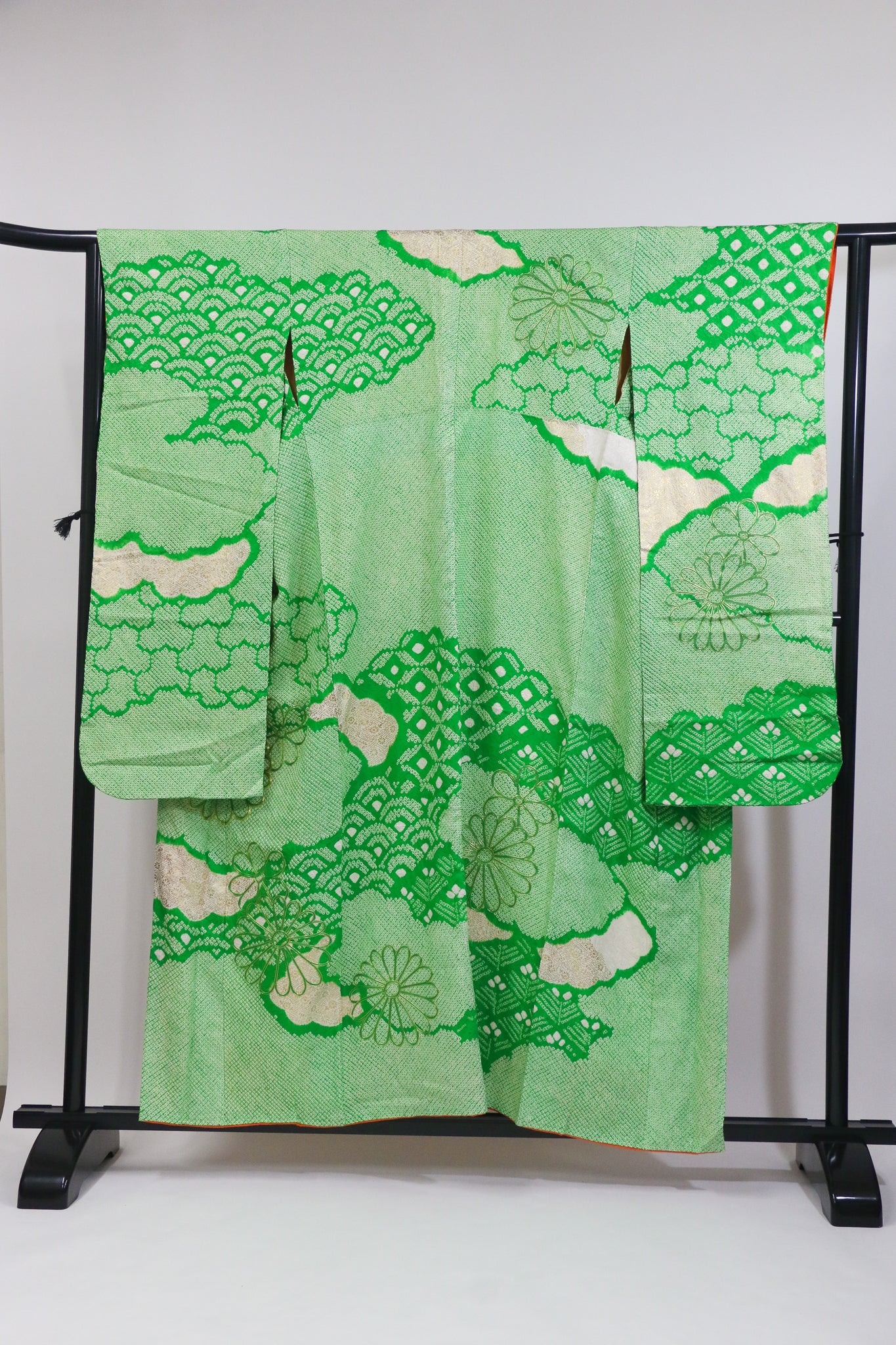 Vintage Green Furisode Kimono 緑×絞り風・金彩入り振袖◆twf724