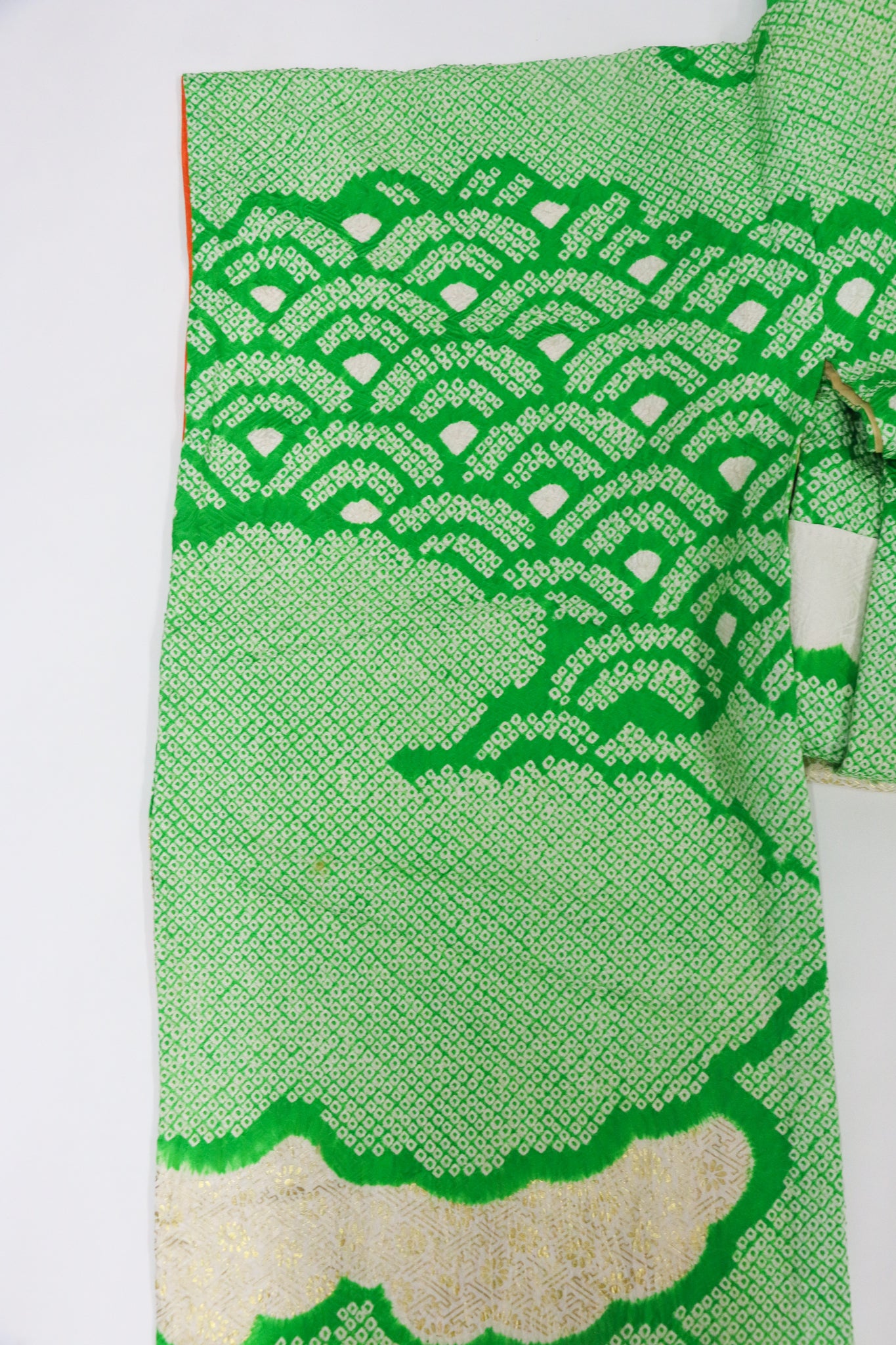 Vintage Green Furisode Kimono 緑×絞り風・金彩入り振袖◆twf724