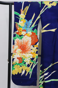 Vintage Furisode Kimono – 深藍 × 華やか花柄 – Vibrant Floral Pattern◆twf725
