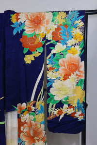 Vintage Furisode Kimono – 深藍 × 華やか花柄 – Vibrant Floral Pattern◆twf725