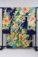 Vintage Furisode Kimono – 深藍 × 華やか花柄 – Vibrant Floral Pattern◆twf725
