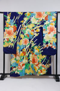 Vintage Furisode Kimono – 深藍 × 華やか花柄 – Vibrant Floral Pattern◆twf725