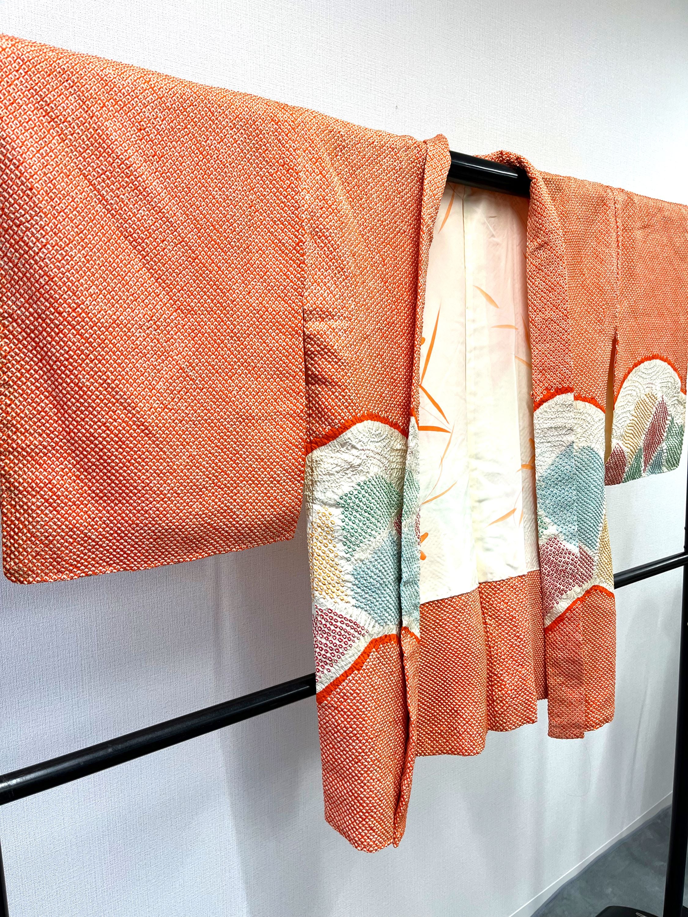 ◇KWH021 羽織 袷羽織 紐付き Haori オレンジ 古着 レトロ 和服