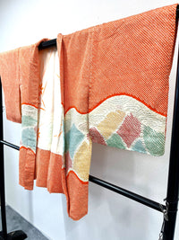 ◇KWH021 羽織 袷羽織 紐付き Haori オレンジ 古着 レトロ 和服